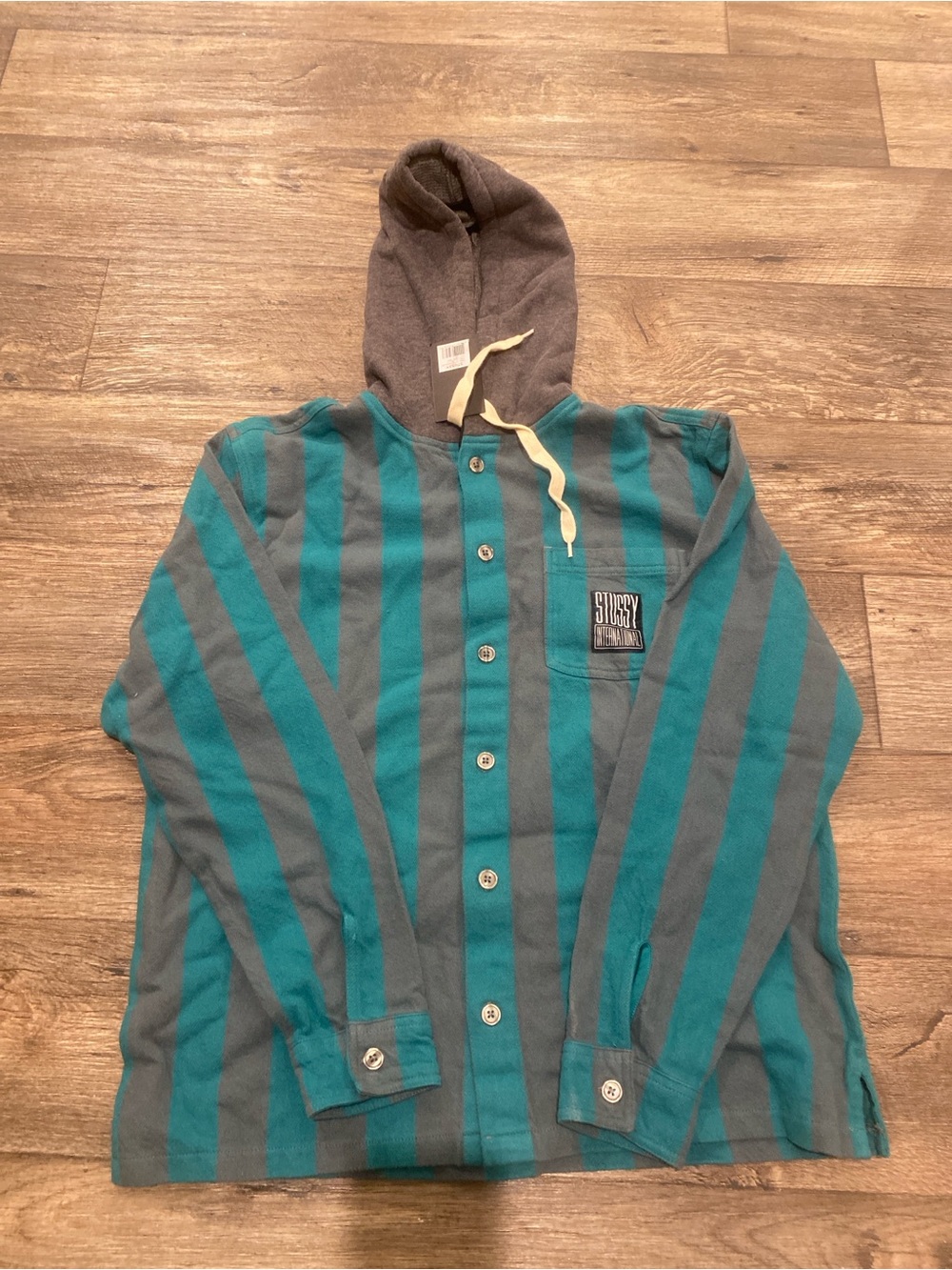 Stussy Hooded Striped Flannel Shirt Jacket - Dark Teal